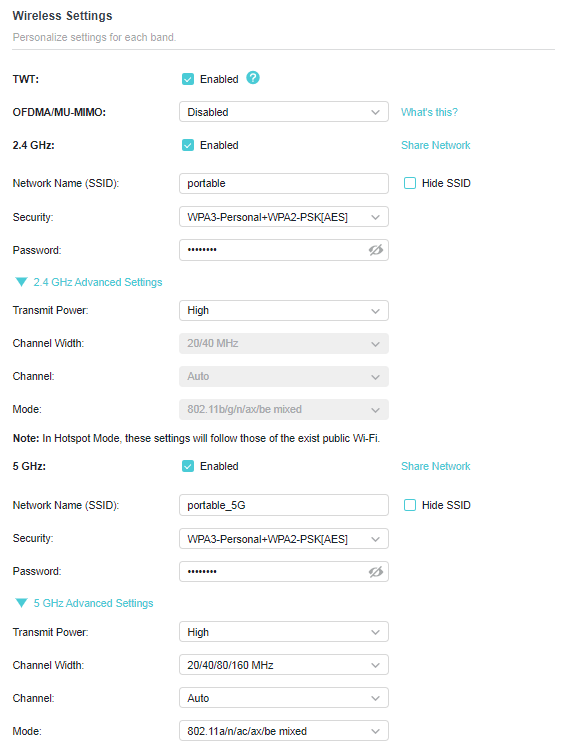 A screenshot of a router's "Wireless Settings" configuration page, displaying separate sections for the 2.4 GHz and 5 GHz Wi-Fi bands. Both sections show network names ("portable", "portable_5G"), WPA3/WPA2 security settings, and advanced options for transmit power, channel width, and operation mode (including 802.11be mixed for Wi-Fi 7). Settings for TWT (Target Wake Time) and OFDMA/MU-MIMO are also visible at the top of the page.