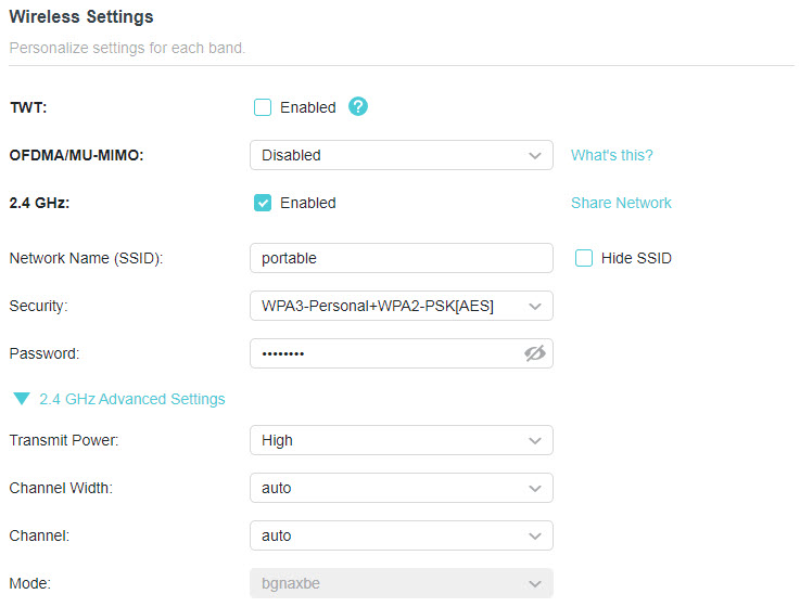 a TP-Link router "Wireless Settings" page showing settings for the 2.4 GHz band, including the SSID "portable", WPA3/WPA2 security mode, and advanced settings like Transmit Power set to High, and Channel Width, Channel, and Mode all set to auto. Features like TWT and OFDMA/MU-MIMO are also listed.