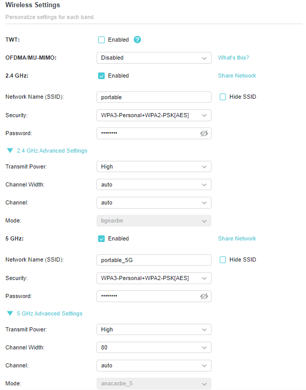 A screenshot of a router's "Wireless Settings" configuration page, displaying separate sections for the 2.4 GHz and 5 GHz Wi-Fi bands. Both bands are enabled, using WPA3-Personal+WPA2-PSK(AES) security, and have advanced settings configured for channel width and transmit power.