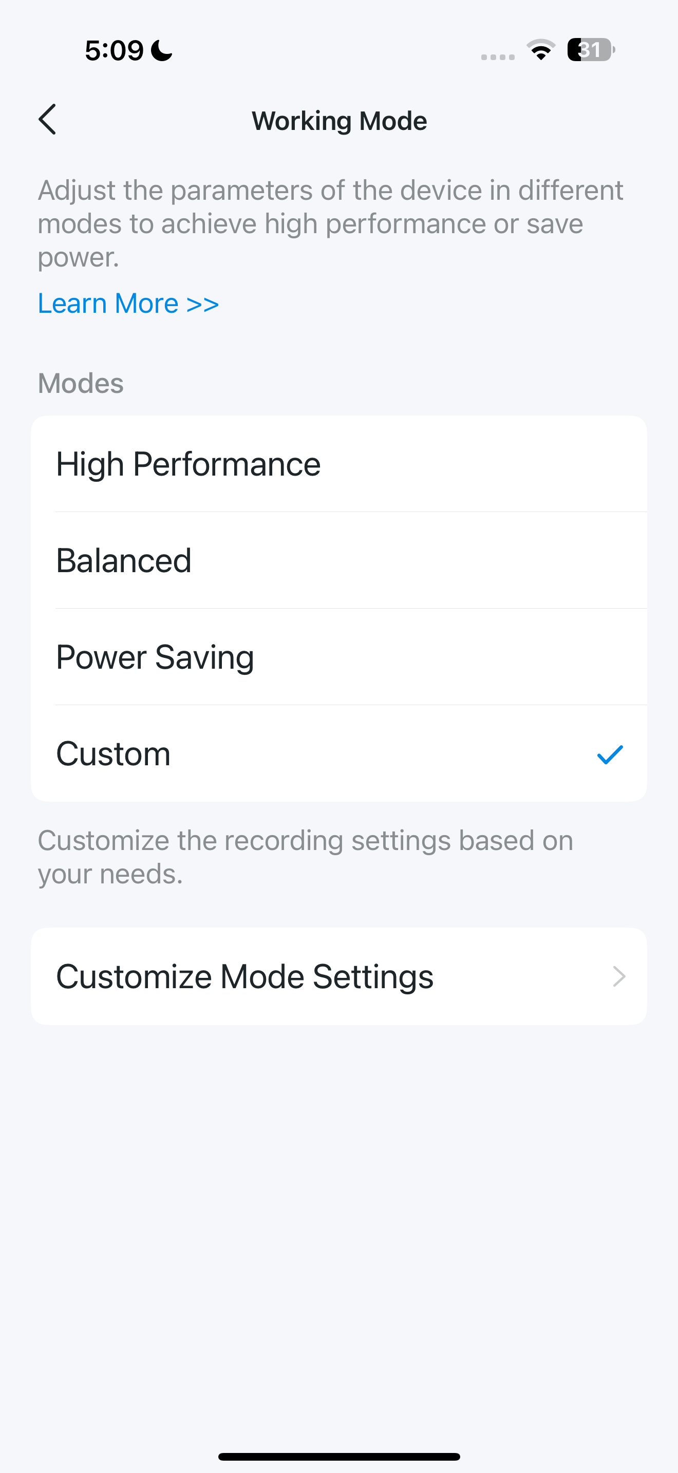 Working Mode page in the app