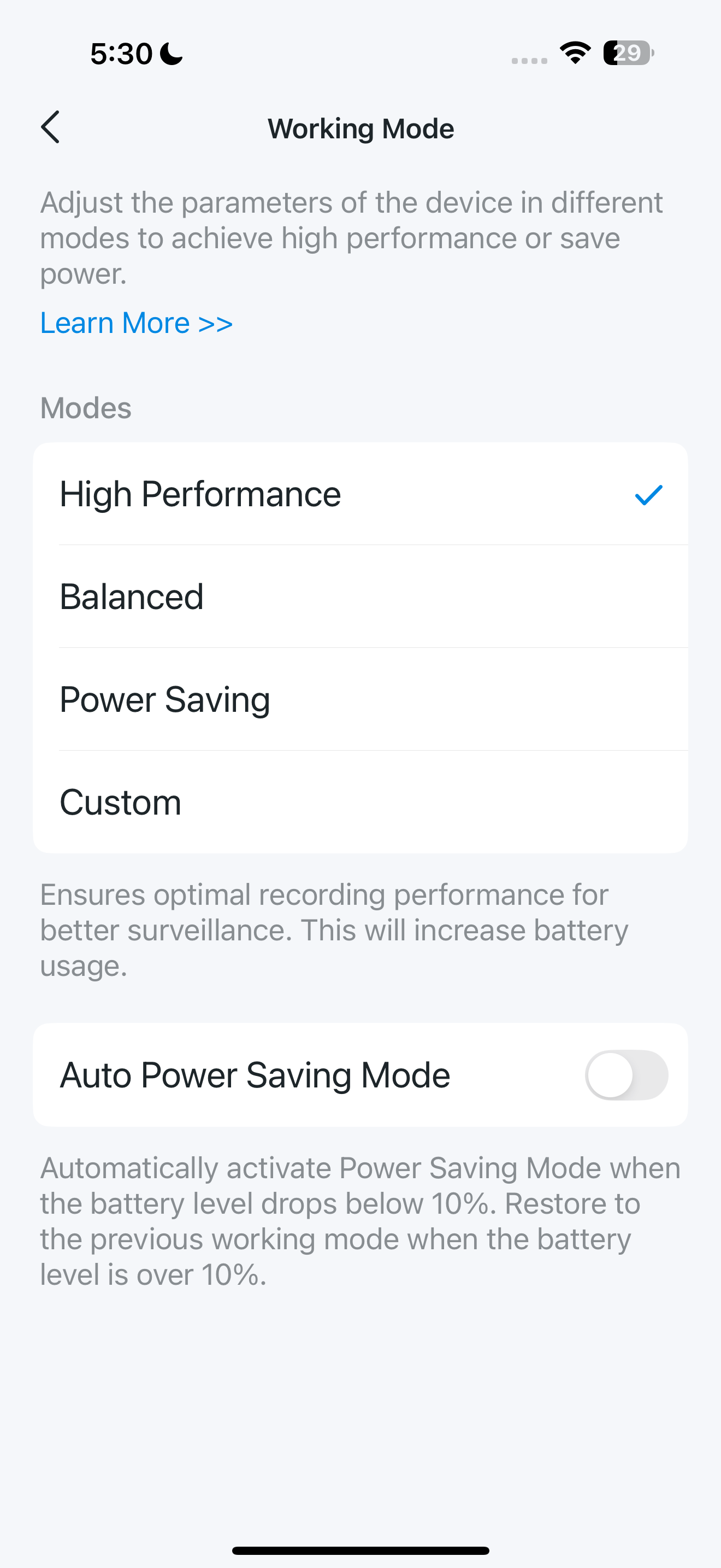 Working Mode page in the app