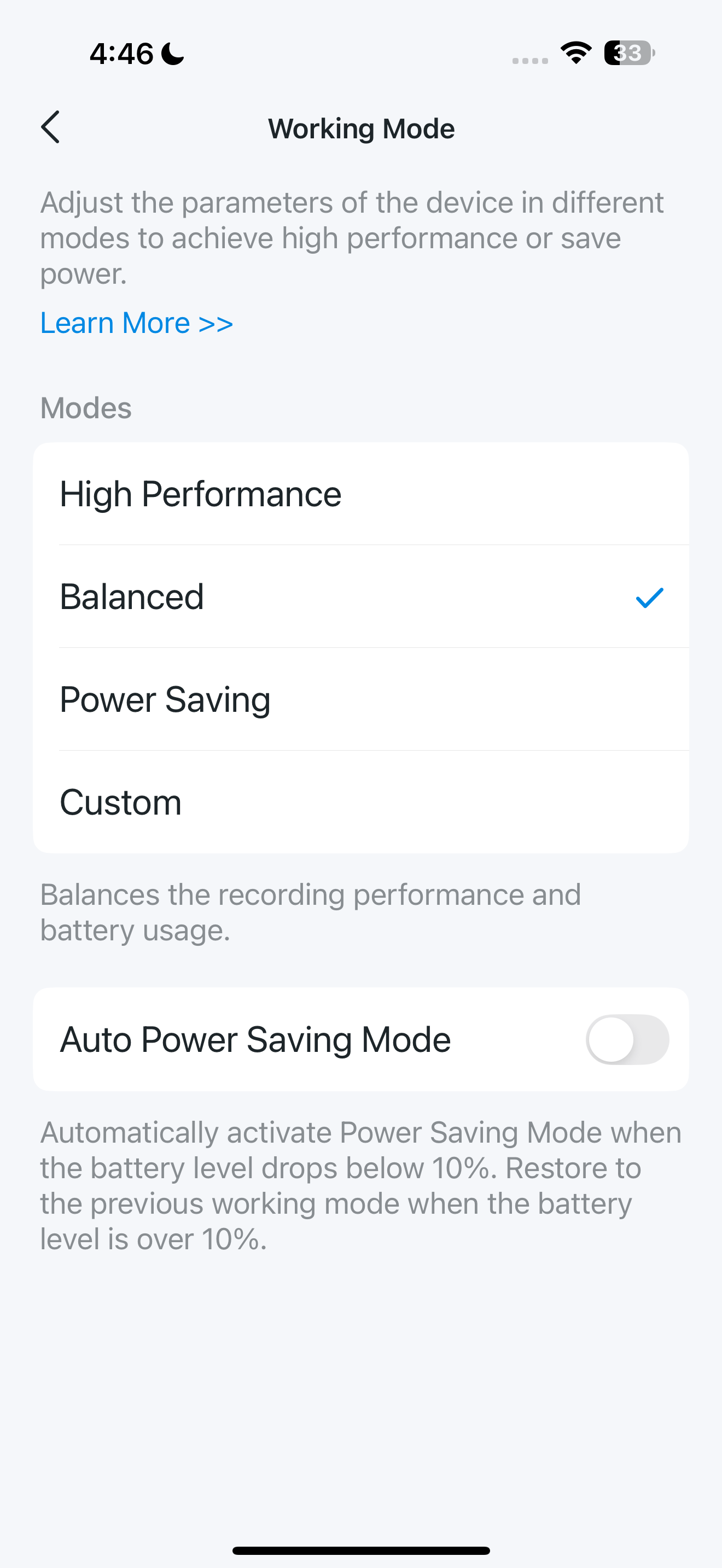 Working Mode page in the app