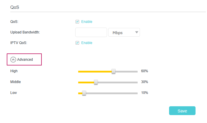 Advanced settings, allowing setting priority levels (High/Middle/Low) via percentage sliders