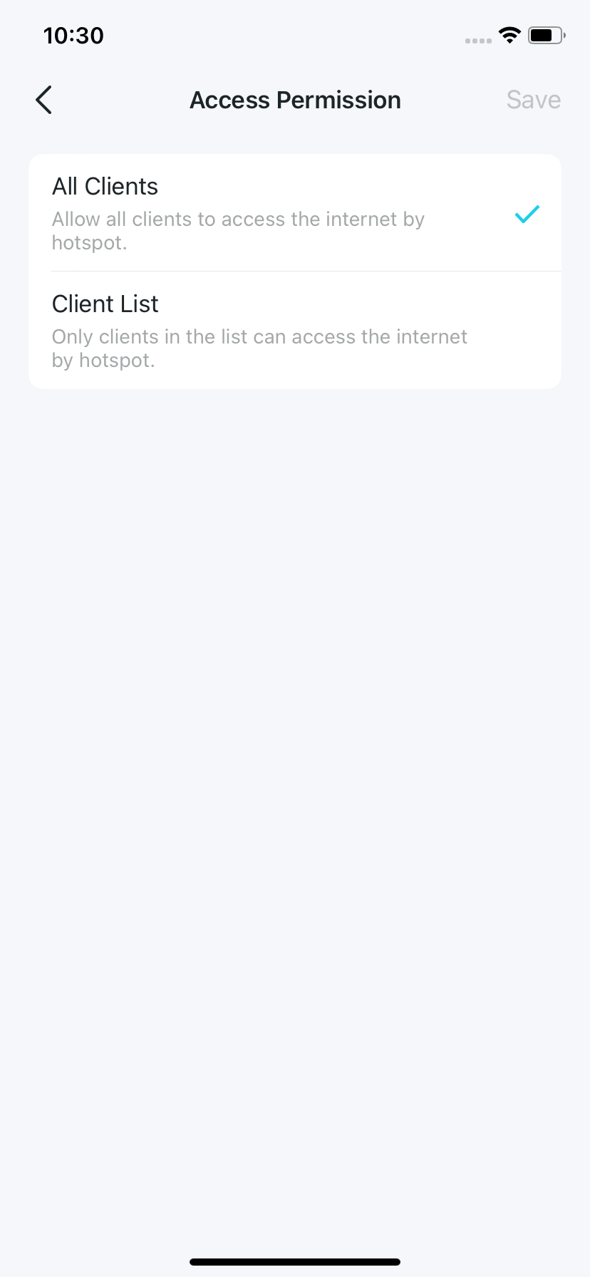  Access Permission settings page with All Clients selected