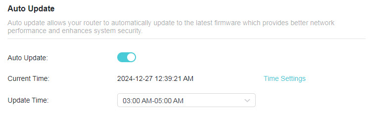 A screenshot of a router's web configuration interface for Auto Update settings. The feature is currently turned on, allowing the router to automatically update its firmware between 03:00 AM and 05:00 AM local time on 2024-12-27. The screen confirms that auto-updates provide better network performance and enhance system security.