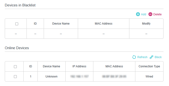  Blacklist and Online Devices management page, showing an empty blacklist and one wired "Unknown" device connected with its IP and MAC address