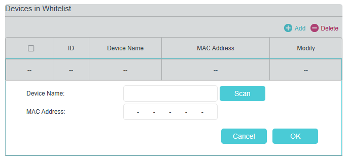 Click add button to create a new profile, featuring columns of ID, Device name, MAC Address and Modify