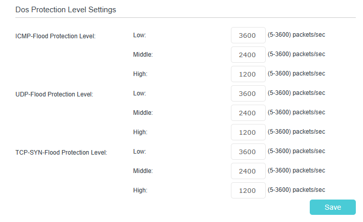 Displays low, middle and high levels parameters under DoS Protection Level Settings