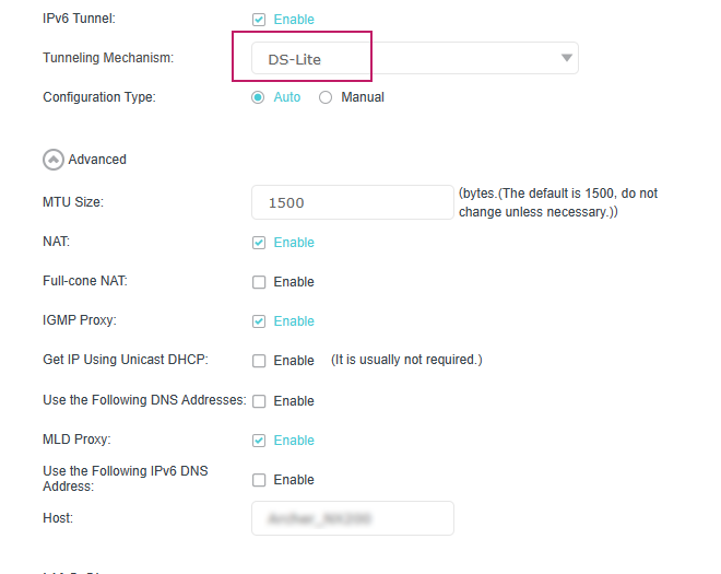 DS-Lite configuration page