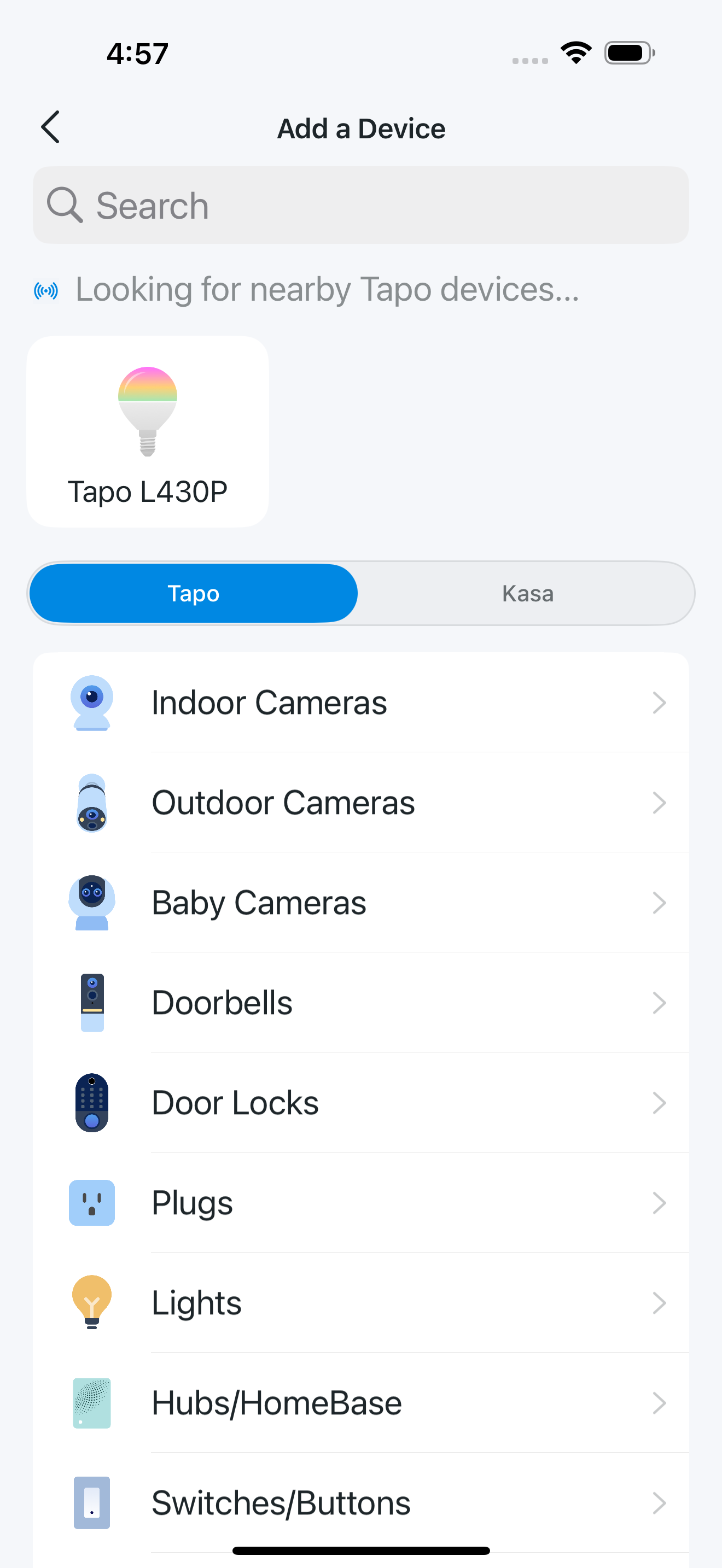 The Tapo L430P device card shows up on the page of adding a device in the Tapo app