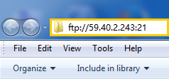 A screenshot of a File Explorer or web browser address bar in a Windows-style interface. The address bar is highlighted in yellow and displays the File Transfer Protocol (FTP) address ftp://59.40.2.243:21. Below the address bar are standard menu options like "File", "Edit", "View", and "Organize".