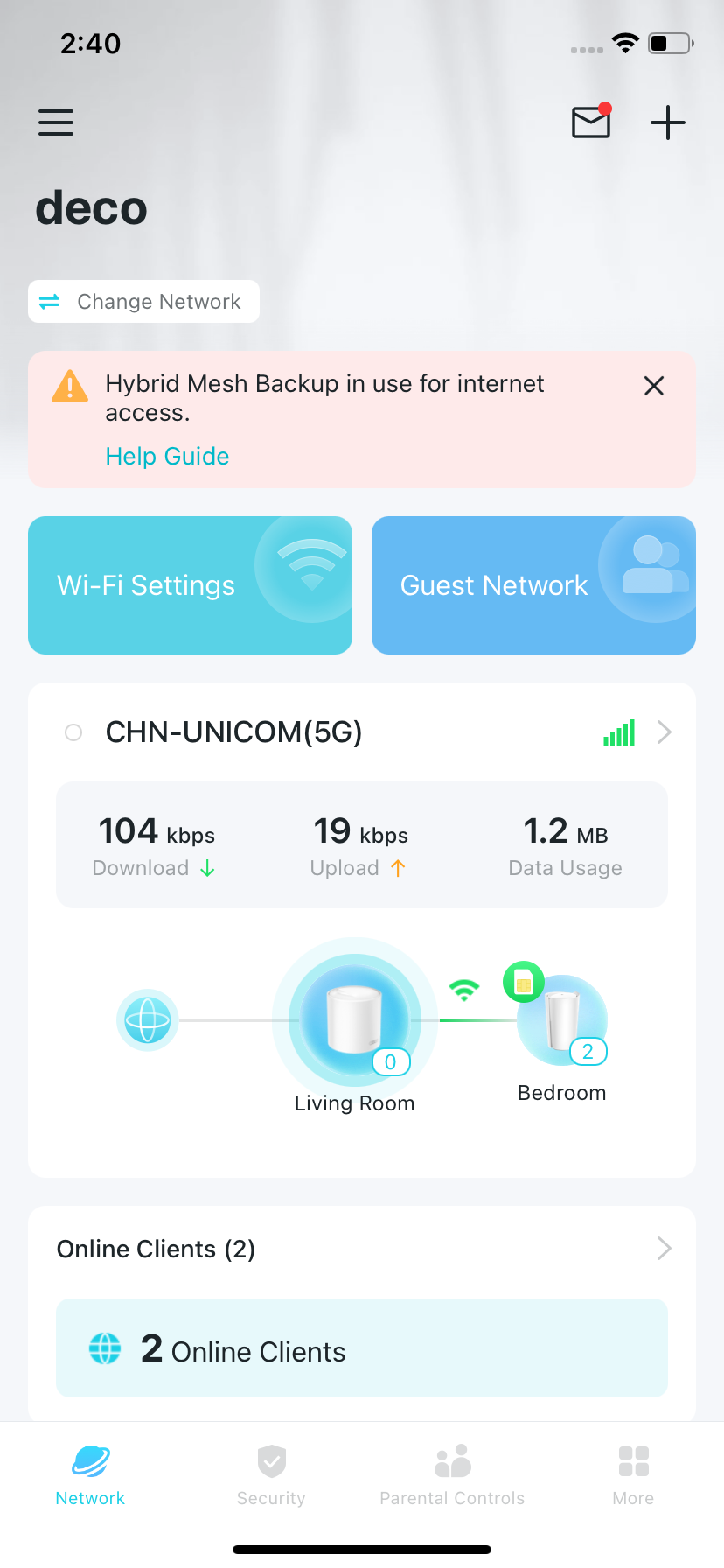 homepage indicating Hybrid Mesh Backup is setup