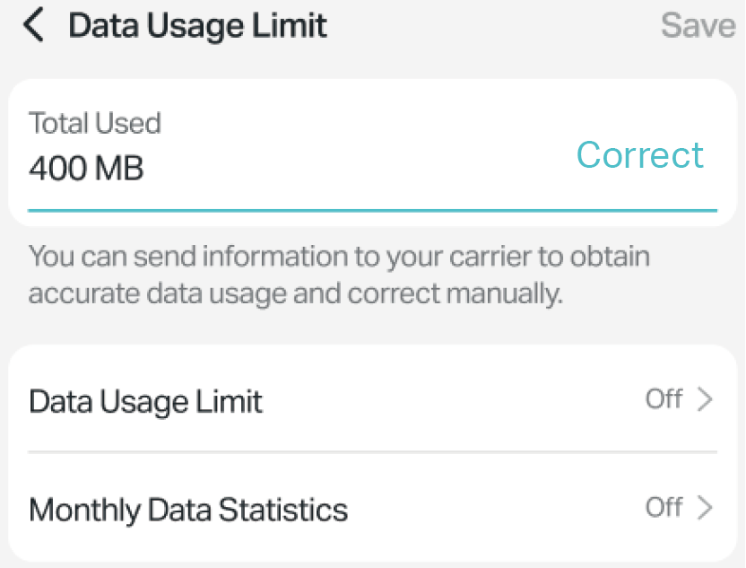 Image showing the interface for correcting data usage values.