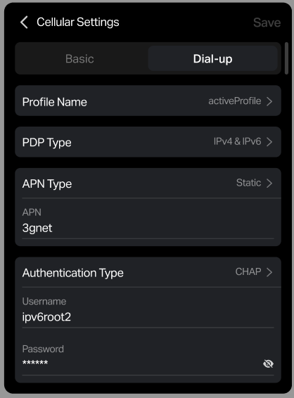 Interface showing dial-up settings for connecting to local carriers.