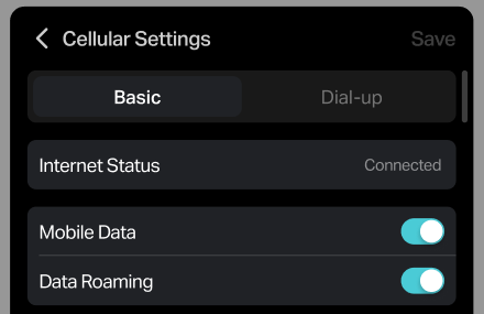 Interface showing the toggle for enabling mobile data & Data Roaming