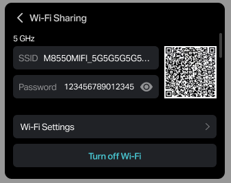Image of the screen displaying the current network name, password, QR Code.