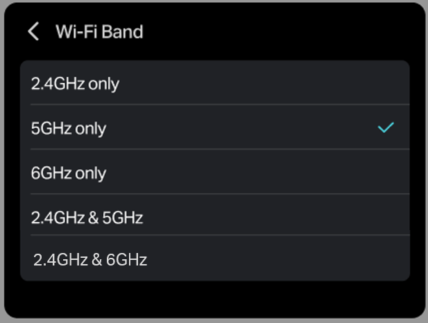 Screenshot illustrating options for selecting Wi-Fi bands.
