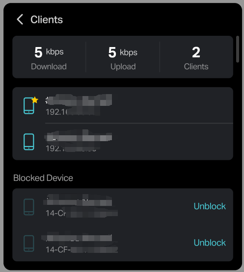 Screenshot of the interface for unblocking previously blocked devices.