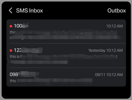 Interface showing the SMS inbox with message details