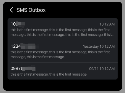Interface showing the SMS outbox with message details