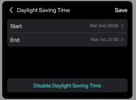 Screenshot of Daylight Saving Time Settings