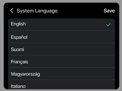Interface showing system language options.