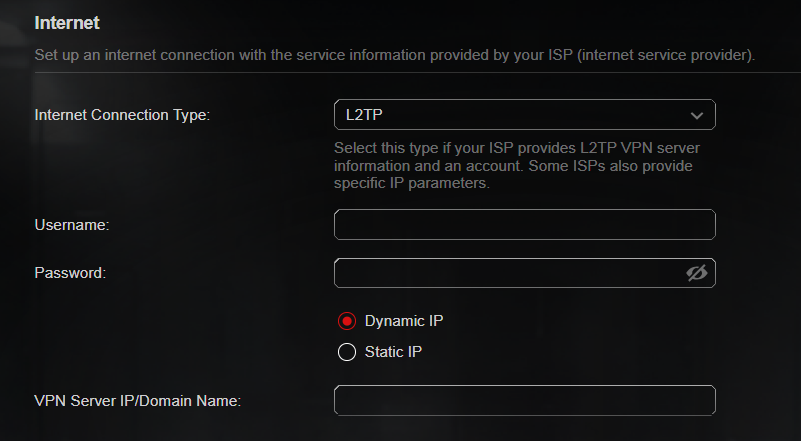 If you choose L2TP, enter the username and password and choose the Secondary Connection provided by your ISP