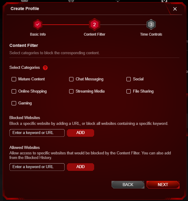 Specify content to be blocked for this profile