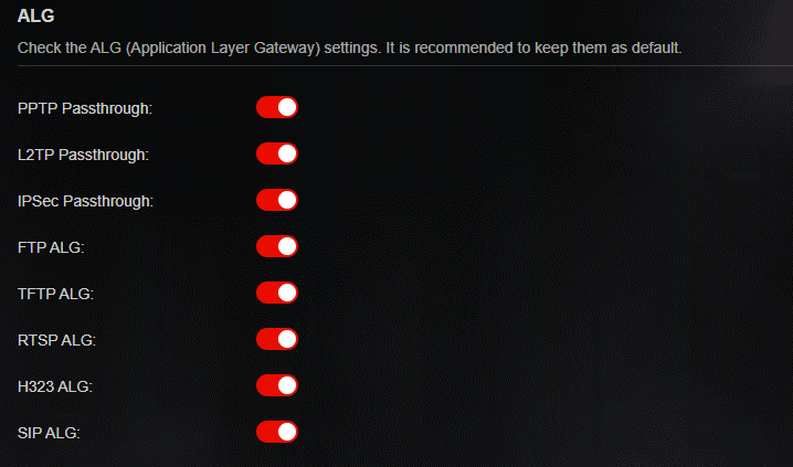ALG settings, recommended to keep it as default