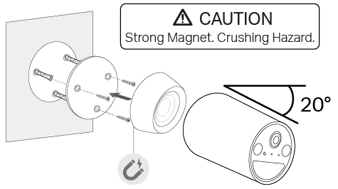 Insert 3 anchors into the holes and use the screws to affix the metal plate over the anchors. Then attach the camera to the plate.
