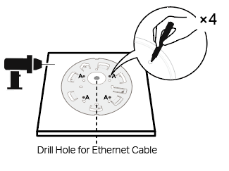 Image displaying how to mark the drill holes for the Ethernet cable and screws.
