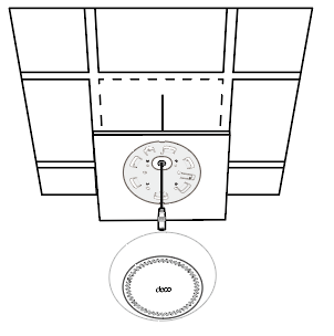 Image displaying how to feed the Ethernet cable through the hole and set the ceiling tile back into place. 