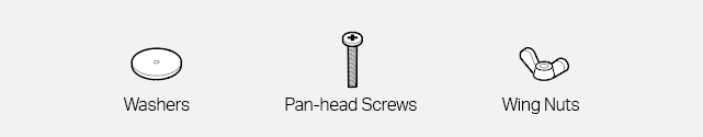 Image of washers, pan-head srews and wing nuts