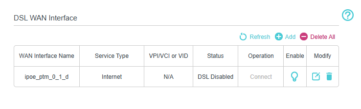 Image of internet connection configuration interface in DSL mode