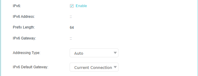 IPv6 parameters and configuration page in DSL mode