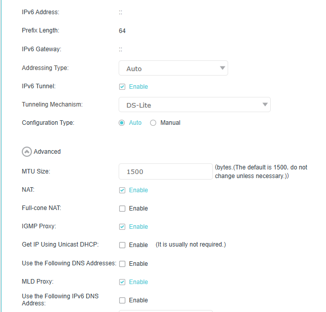 IPv6 tunnel parameters and configuration page
