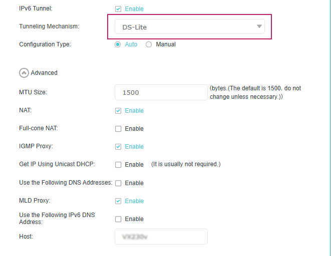 DS-Lite configuration page