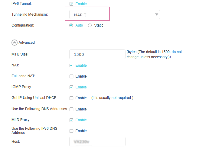 MAP-T configuration page