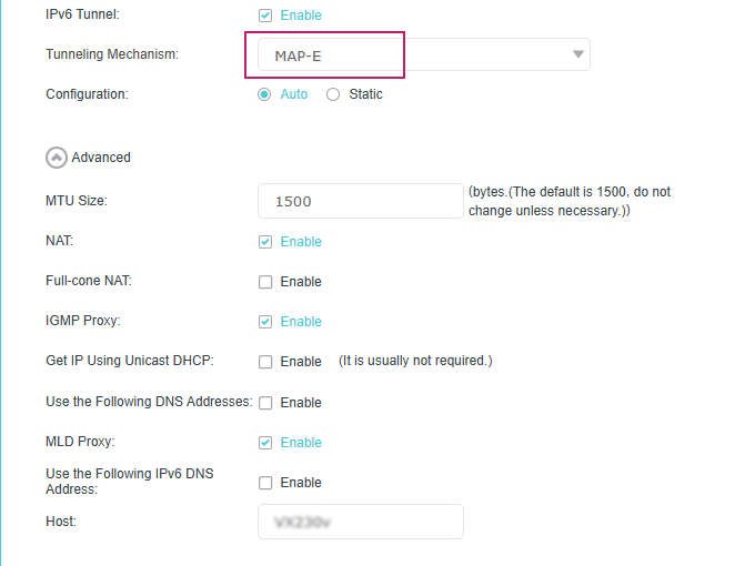 MAP-E configuration page
