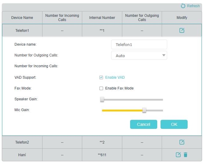 Image of telephony devices configuration page