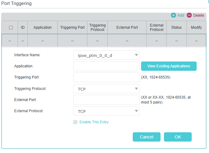 Image of adding a port triggering profile