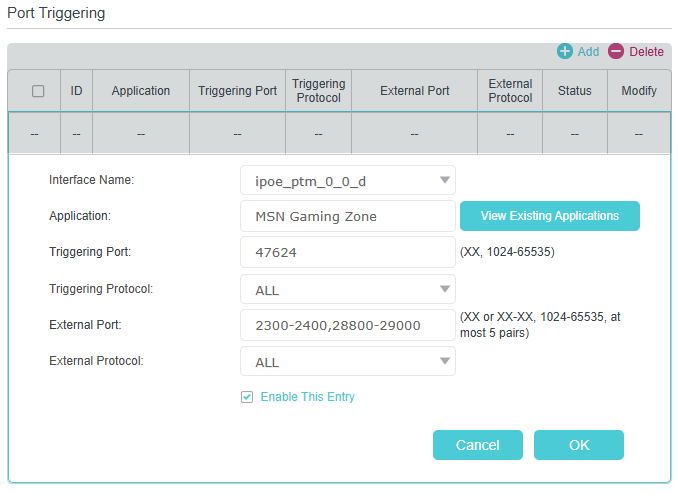 Image of setting example of MSN Gaming Zone