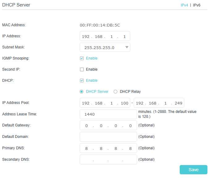 Image of DHCP server page with primary DNS is 8.8.8.8