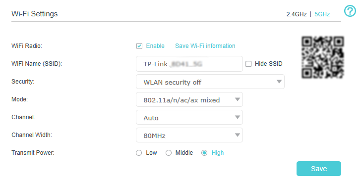 Image of 5GHz mode and channel settings