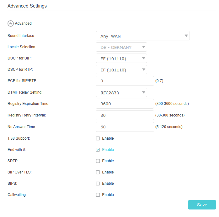 Image of advanced settings for telephone number