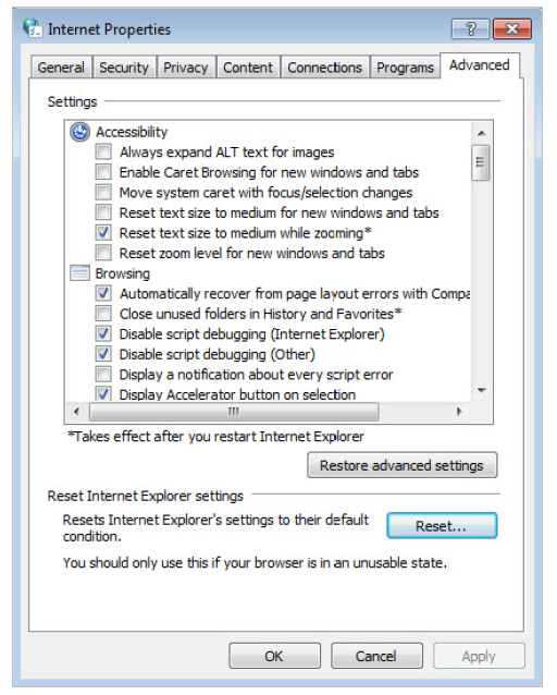 Advanced > Restore advanced settings
