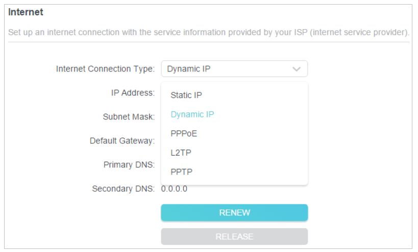 Select your Internet Connection Type and fill in other parameters