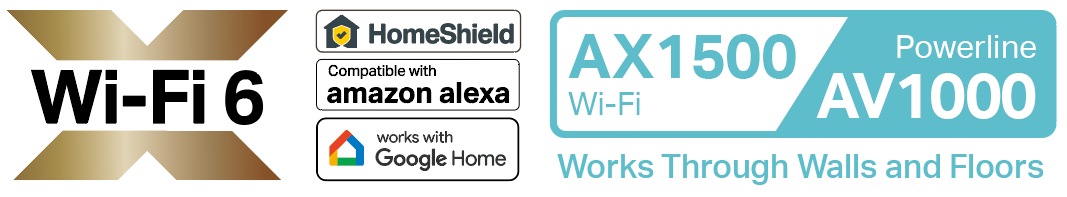 Wi-Fi 6 logo, HomeShield, Amazon Alexa, and Google Home Supported