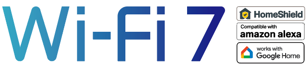 Wi-Fi 7 logo, Amazon Alexa, and Google Home Supported