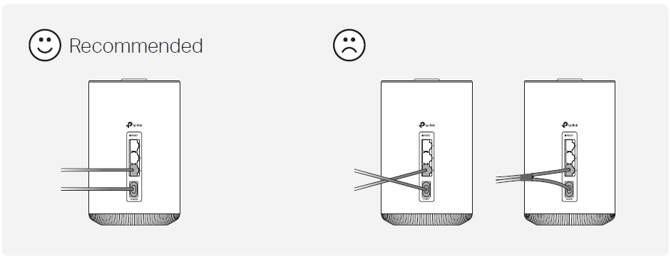 A comparison of network cable and power cord connection ways. The left picture shows the correct way, and the right picture shows the incorrect way.